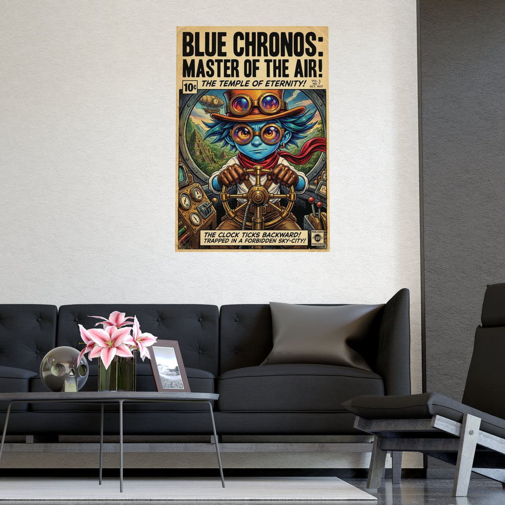 Blue Chronos Poster — Vintage Steampunk Comic Art Matte Print