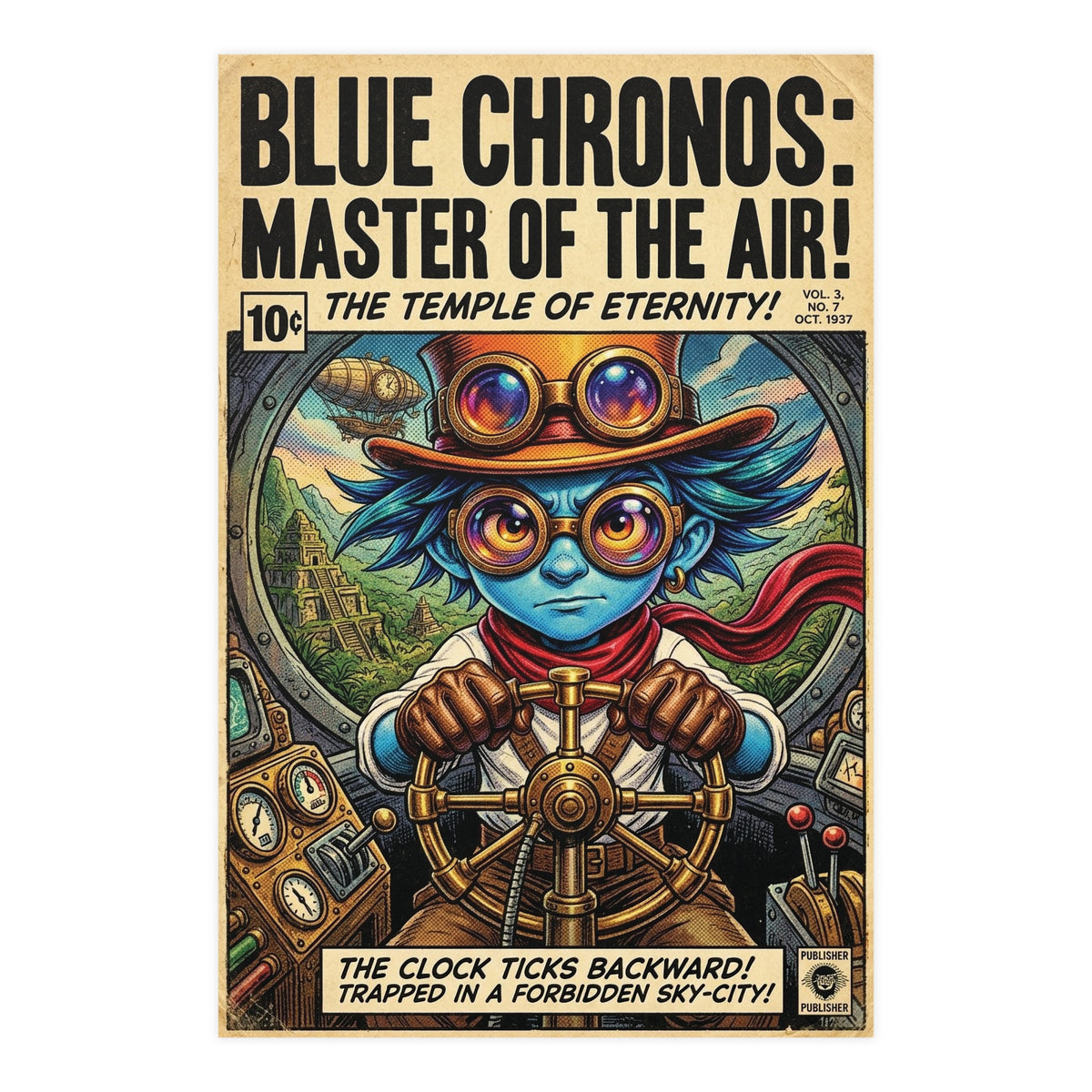 Blue Chronos Poster — Vintage Steampunk Comic Art Matte Print
