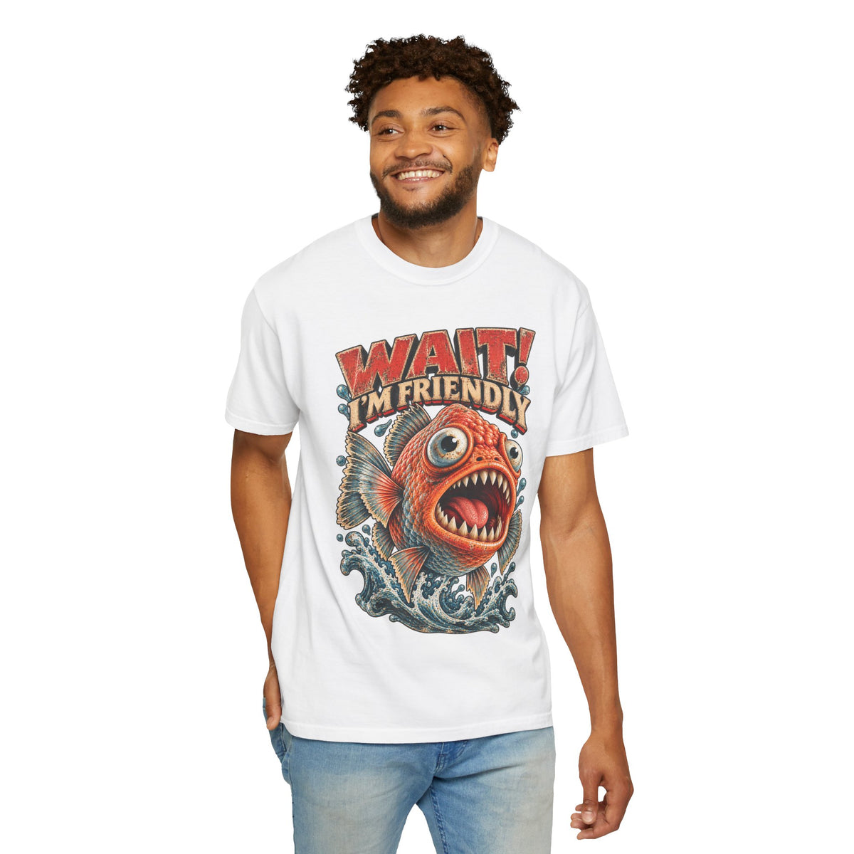Wait I'm Friendly Fish Tee - Vintage Piranha Graphic T-Shirt