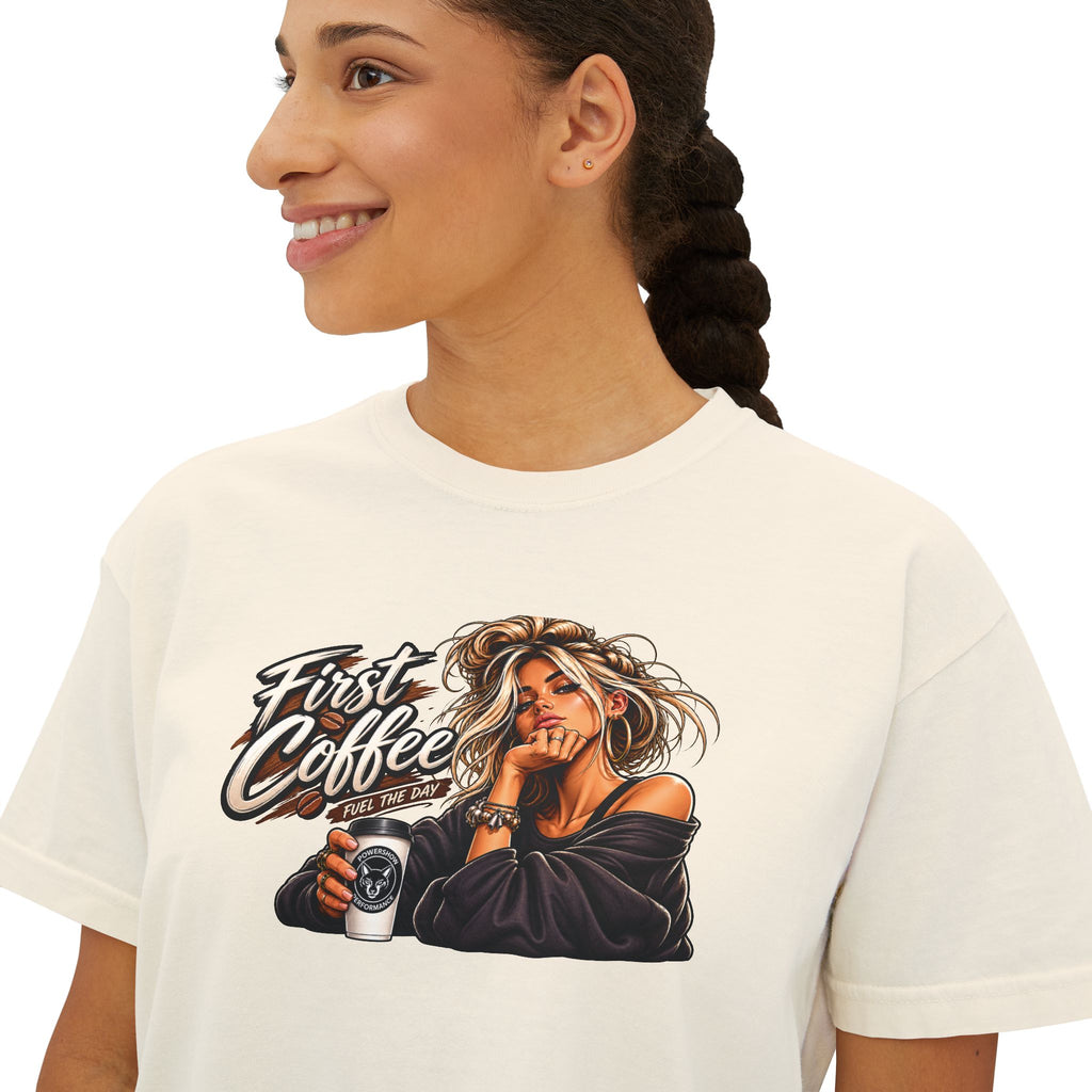 Women's Boxy Tee - "First Coffee" Graphic Crop Tee for Coffee Lovers