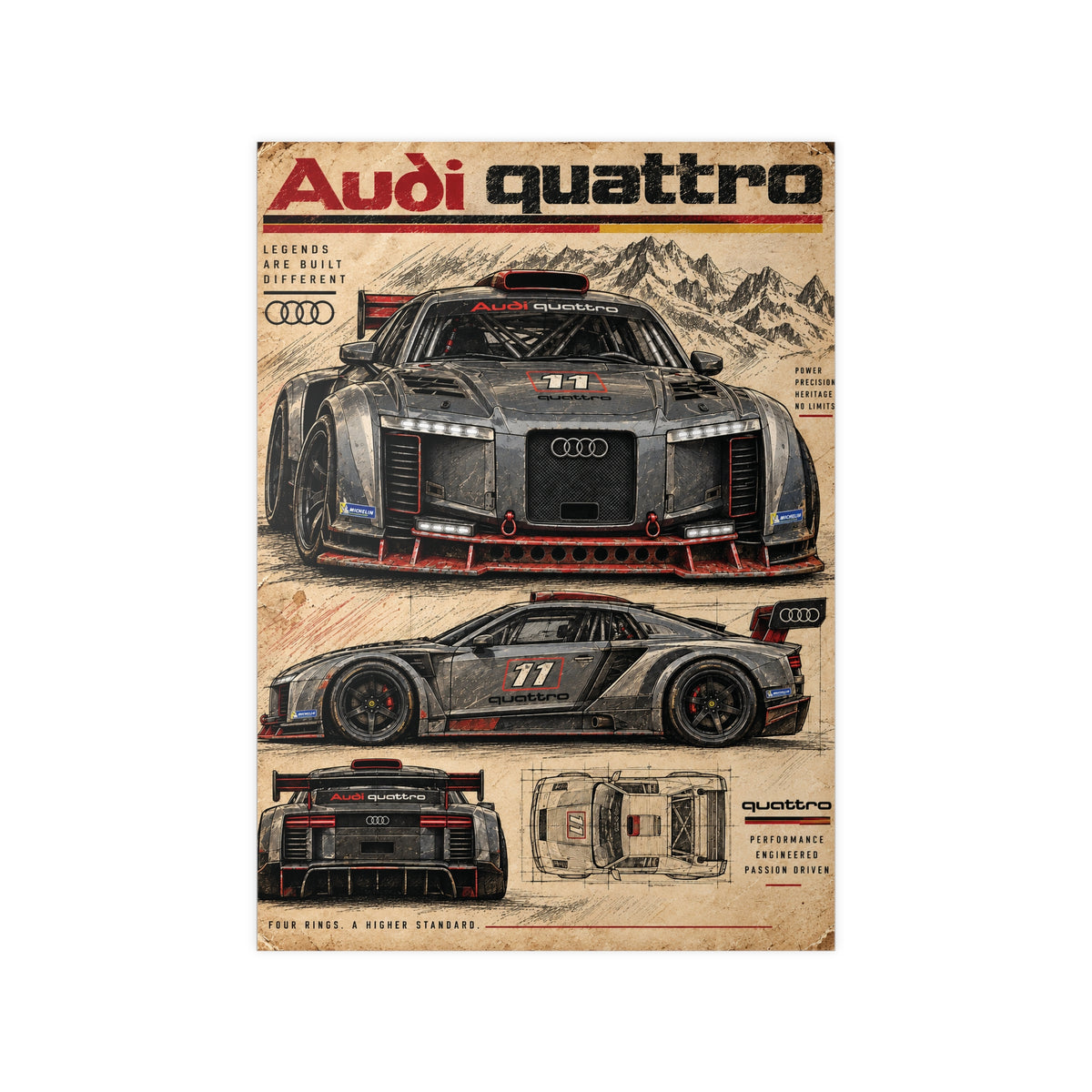 Audi Quattro Concept Racing Car Photopaper Poster | Retro Blueprint Automotive Print