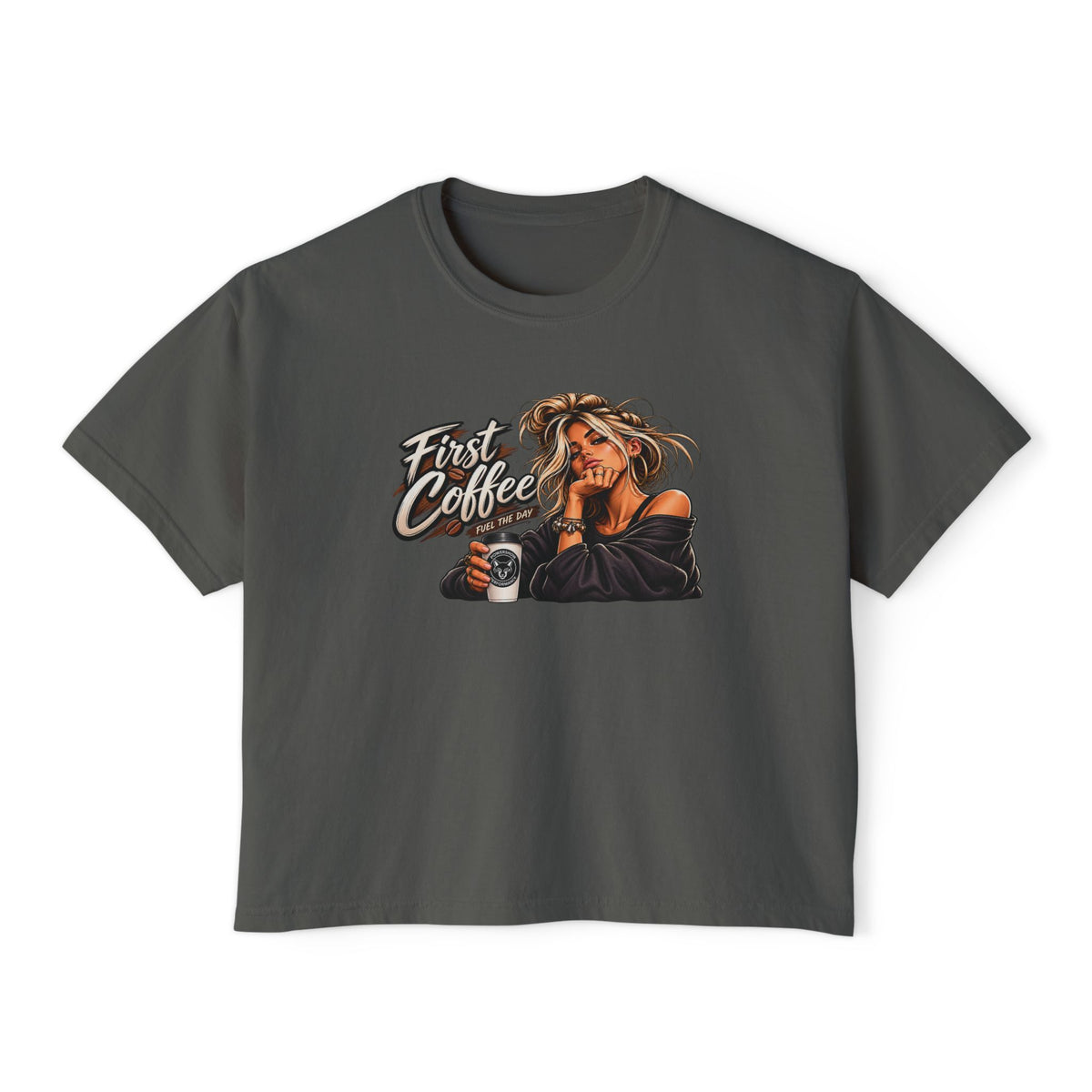 Women's Boxy Tee - "First Coffee" Graphic Crop Tee for Coffee Lovers