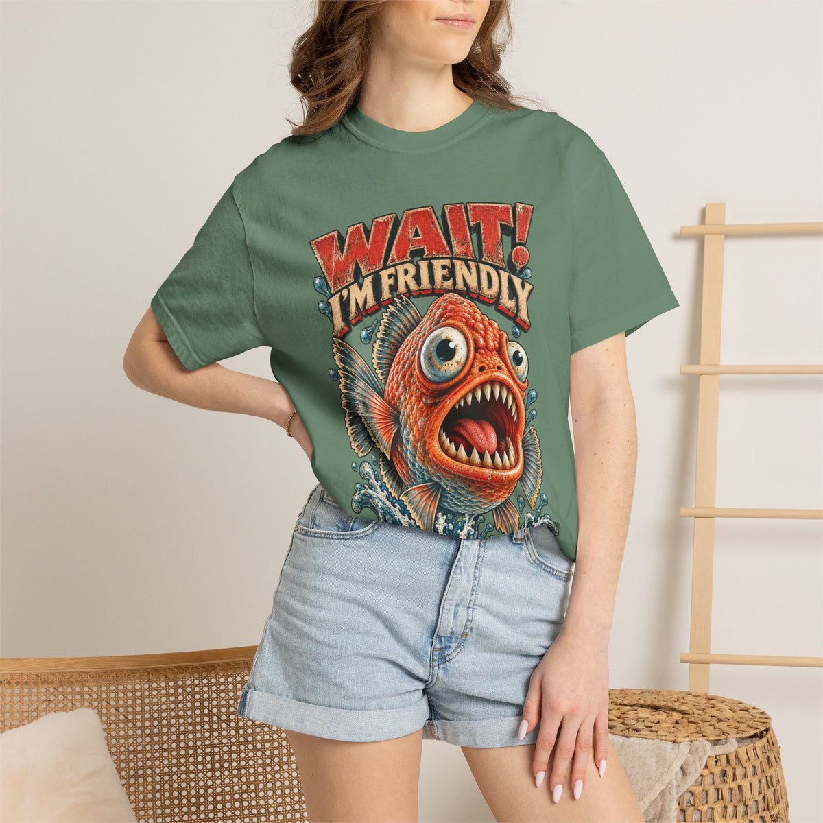 Wait I'm Friendly Fish Tee - Vintage Piranha Graphic T-Shirt