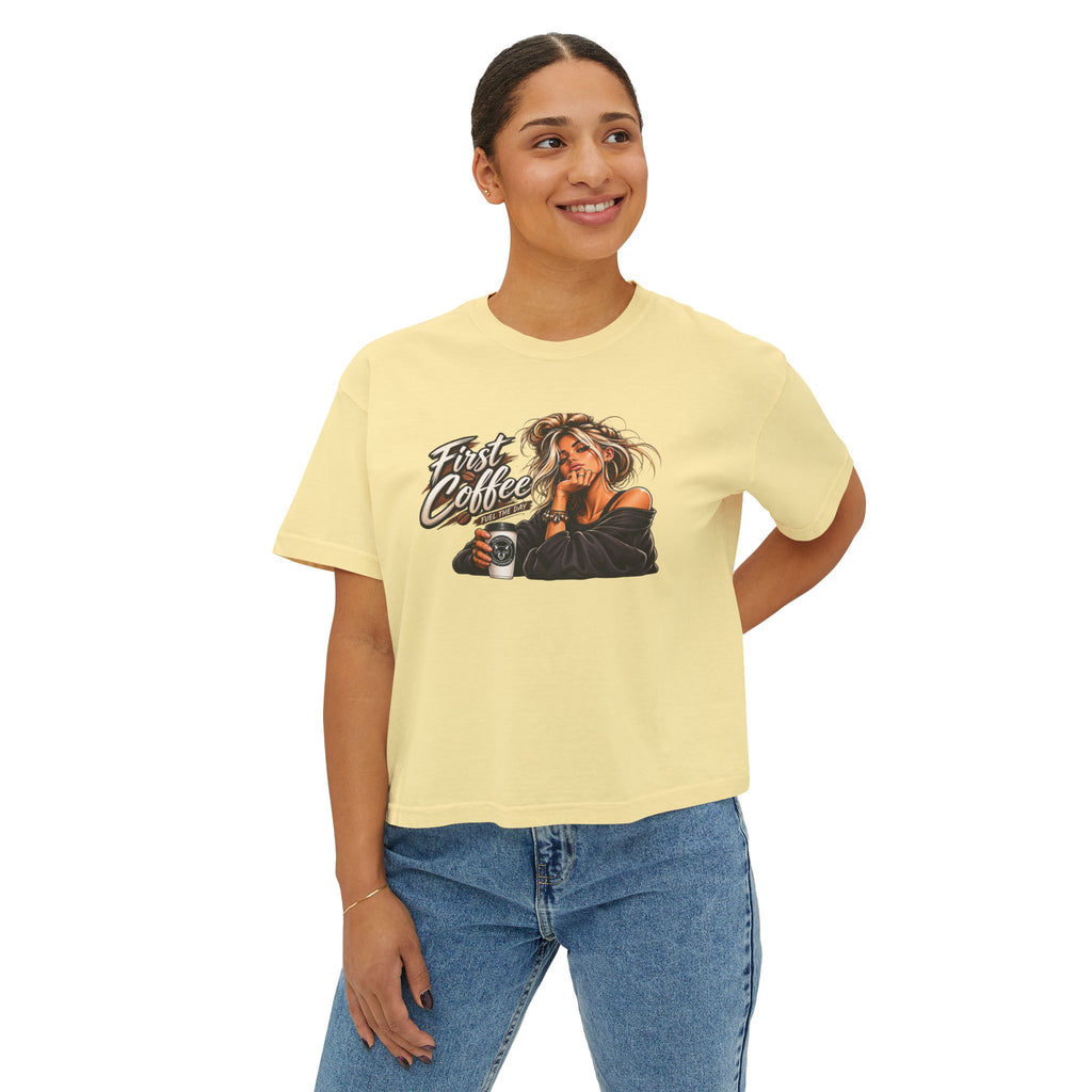 Women's Boxy Tee - "First Coffee" Graphic Crop Tee for Coffee Lovers