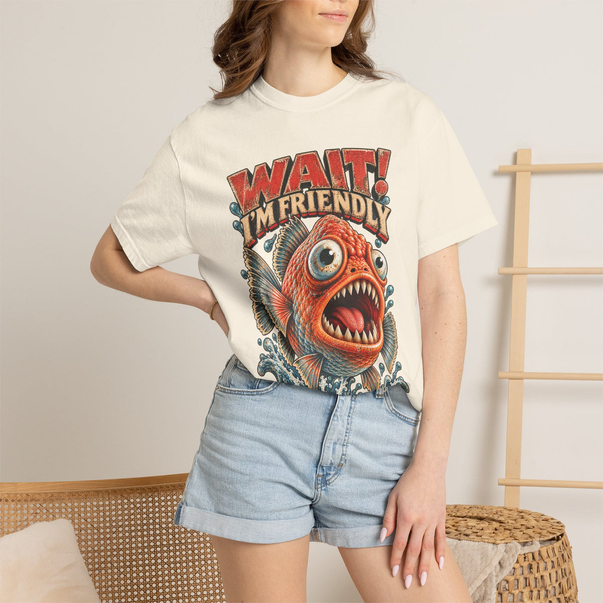 Wait I'm Friendly Fish Tee - Vintage Piranha Graphic T-Shirt