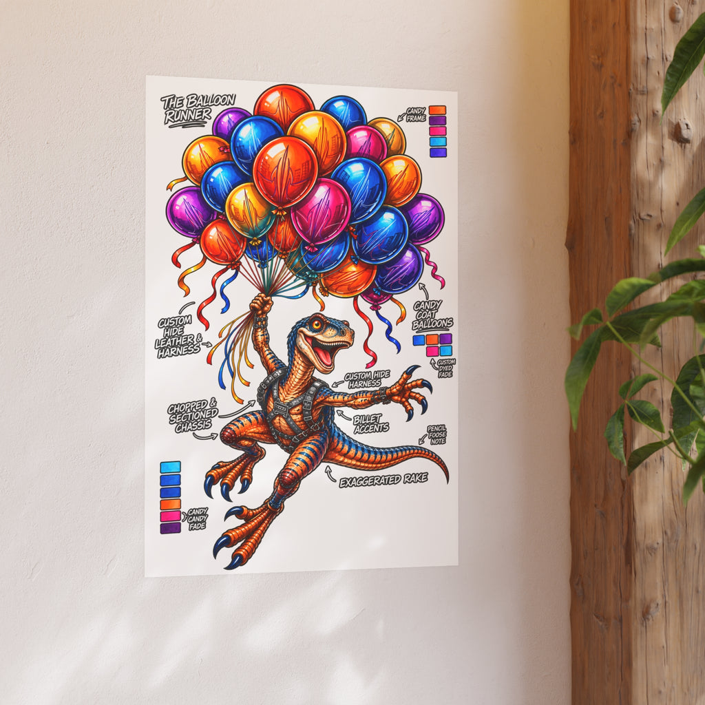The Balloon Runner | Colorful Raptor & Balloon Graphic Art