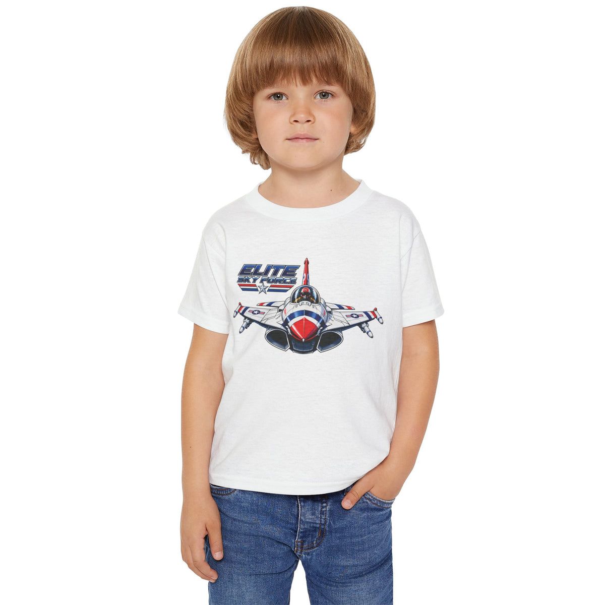 Toddler T‑Shirt — Vintage Jet Fighter Graphic (Patriotic Red, White & Blue)
