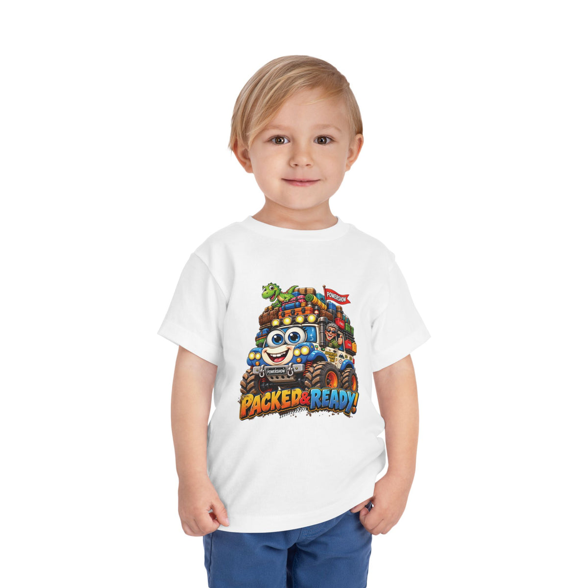 Toddler Tee — 'Packed & Ready' Cartoon Monster Truck Travel Shirt