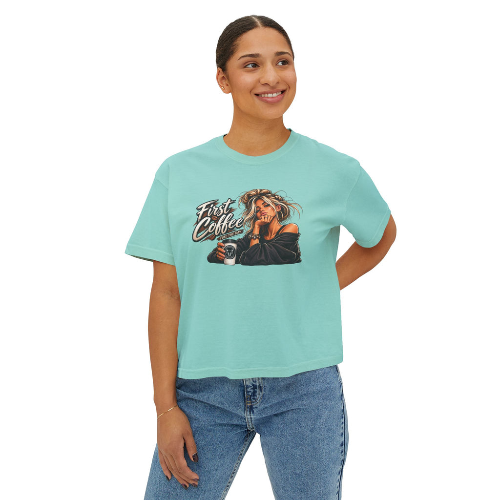Women's Boxy Tee - "First Coffee" Graphic Crop Tee for Coffee Lovers