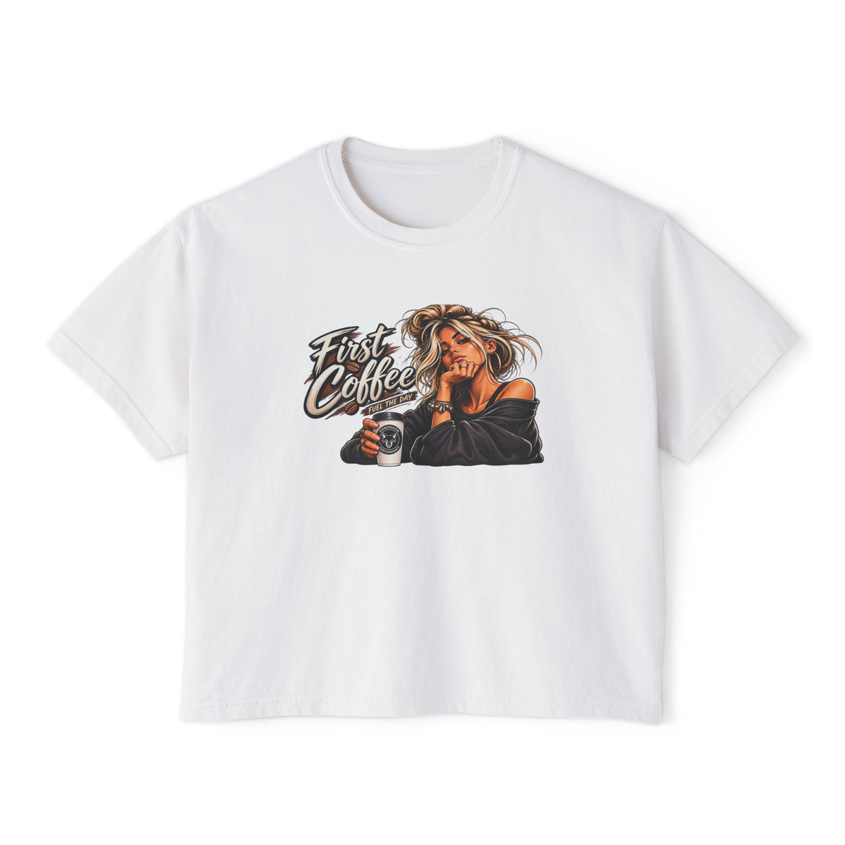 Women's Boxy Tee - "First Coffee" Graphic Crop Tee for Coffee Lovers