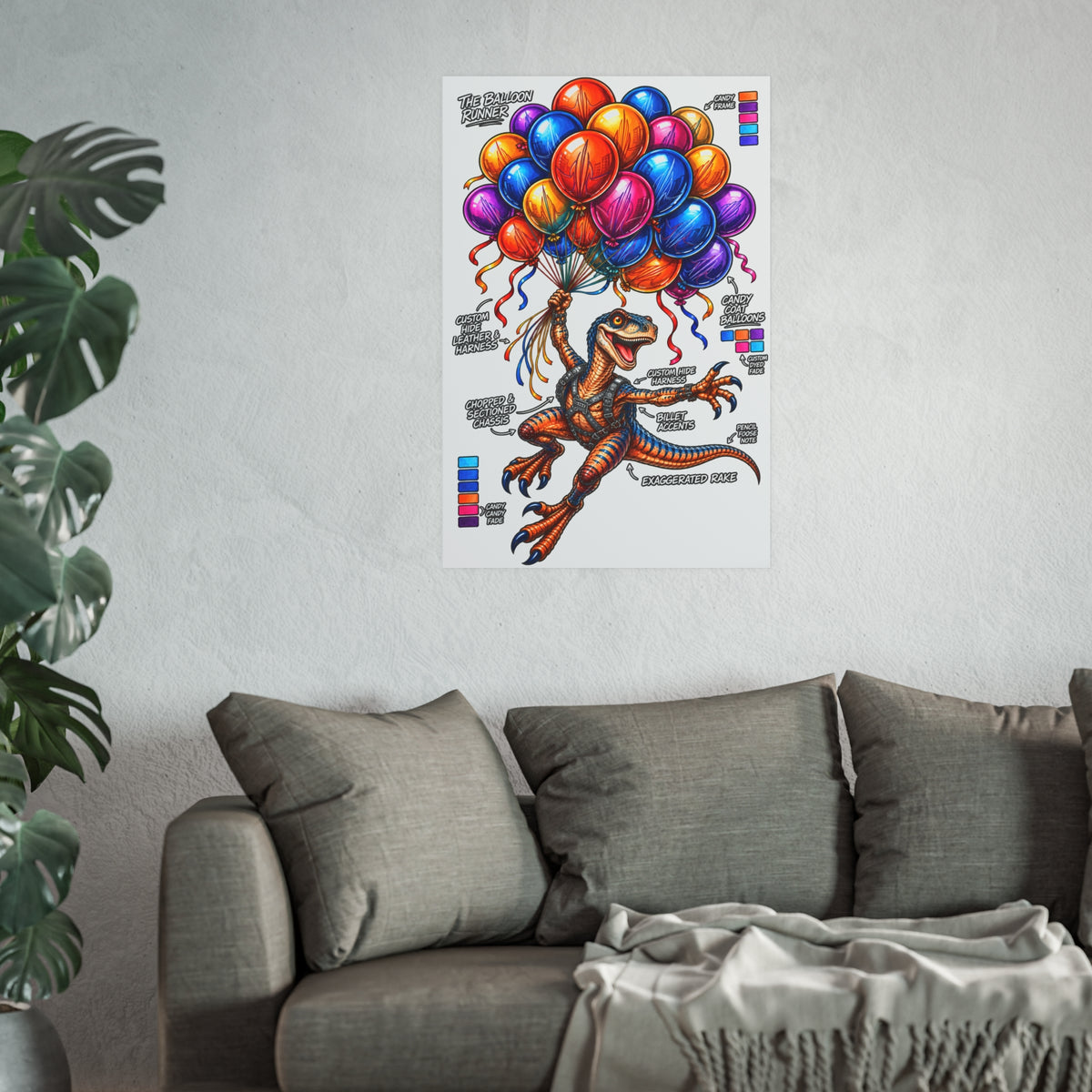 The Balloon Runner | Colorful Raptor & Balloon Graphic Art