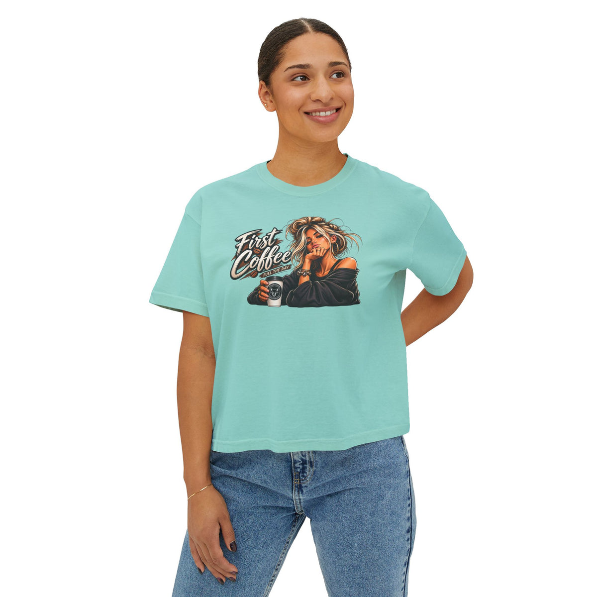 First Coffee Graphic Tee — Women's Boxy Tee