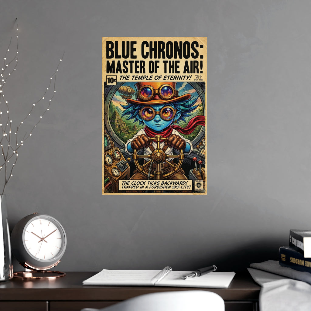 Blue Chronos Poster — Vintage Steampunk Comic Art Matte Print