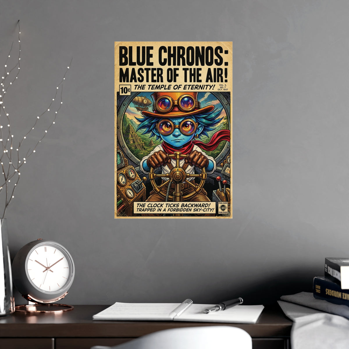 Blue Chronos Poster — Vintage Steampunk Comic Art Matte Print