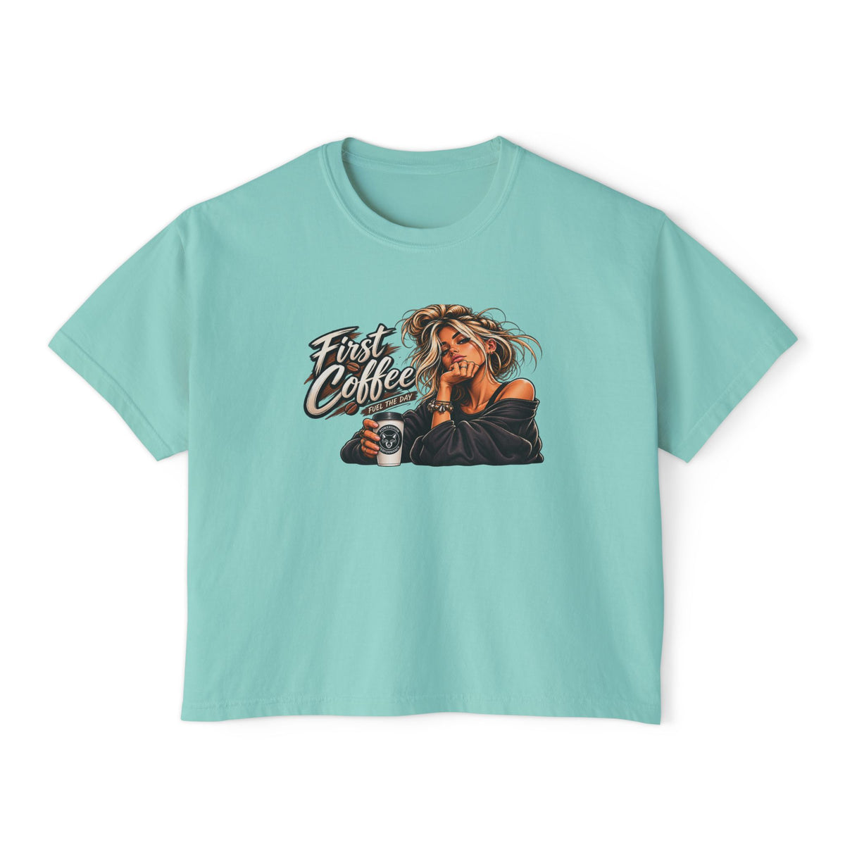 Women's Boxy Tee - "First Coffee" Graphic Crop Tee for Coffee Lovers