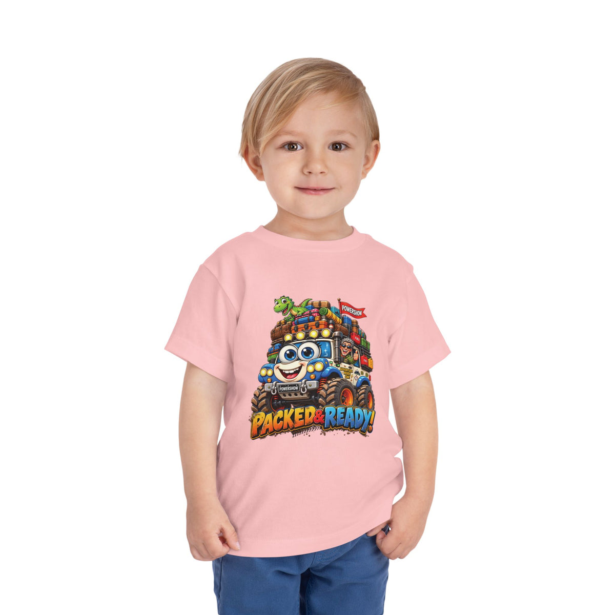 Toddler Tee — 'Packed & Ready' Cartoon Monster Truck Travel Shirt