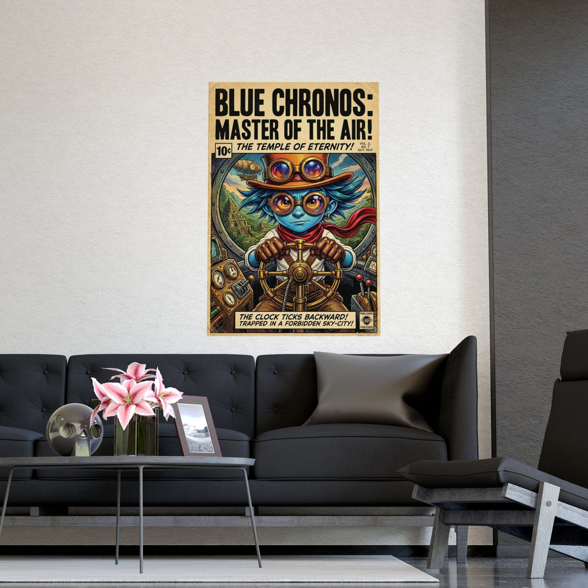 Blue Chronos Poster — Vintage Steampunk Comic Art Matte Print