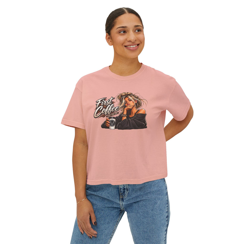 Women's Boxy Tee - "First Coffee" Graphic Crop Tee for Coffee Lovers