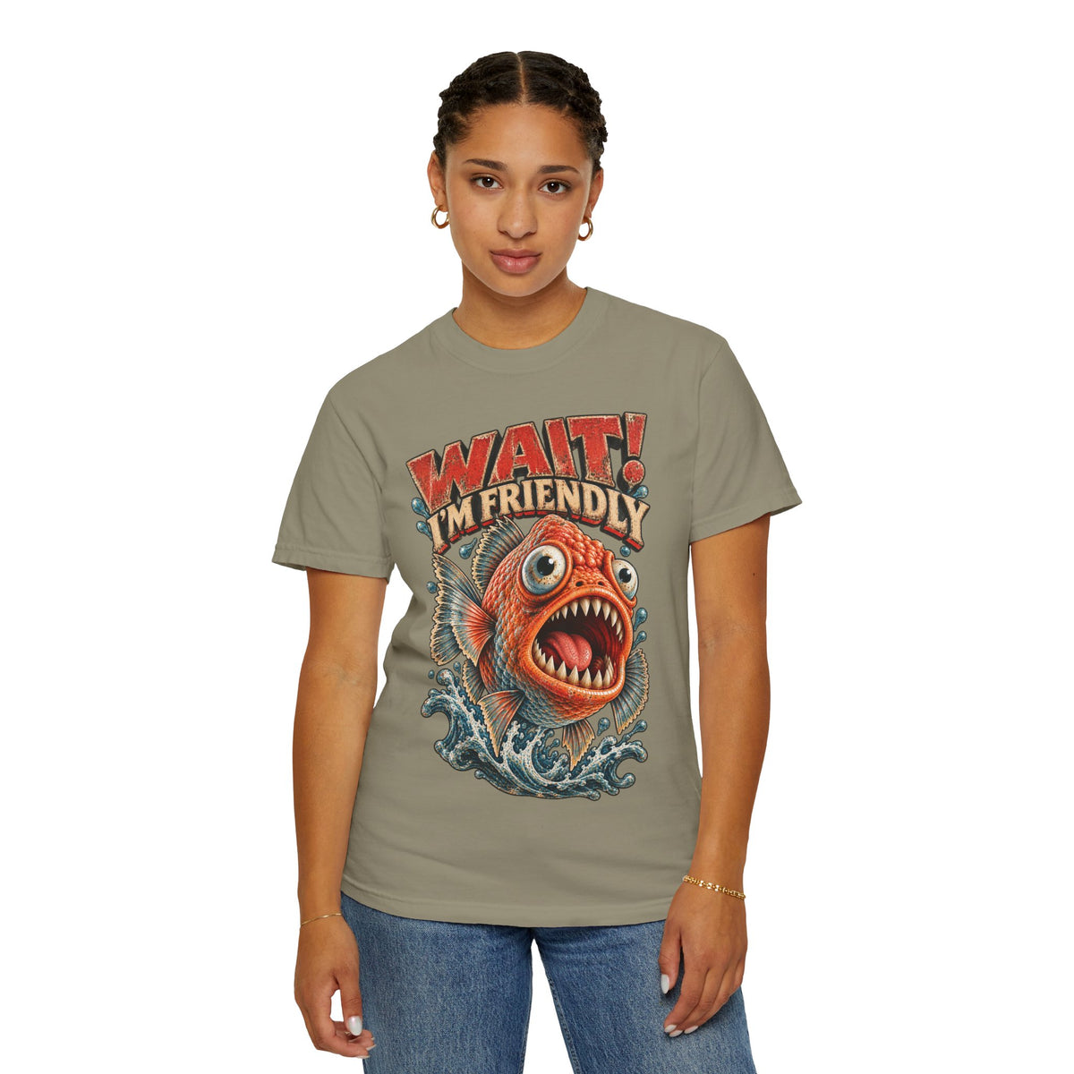 Wait I'm Friendly Fish Tee - Vintage Piranha Graphic T-Shirt