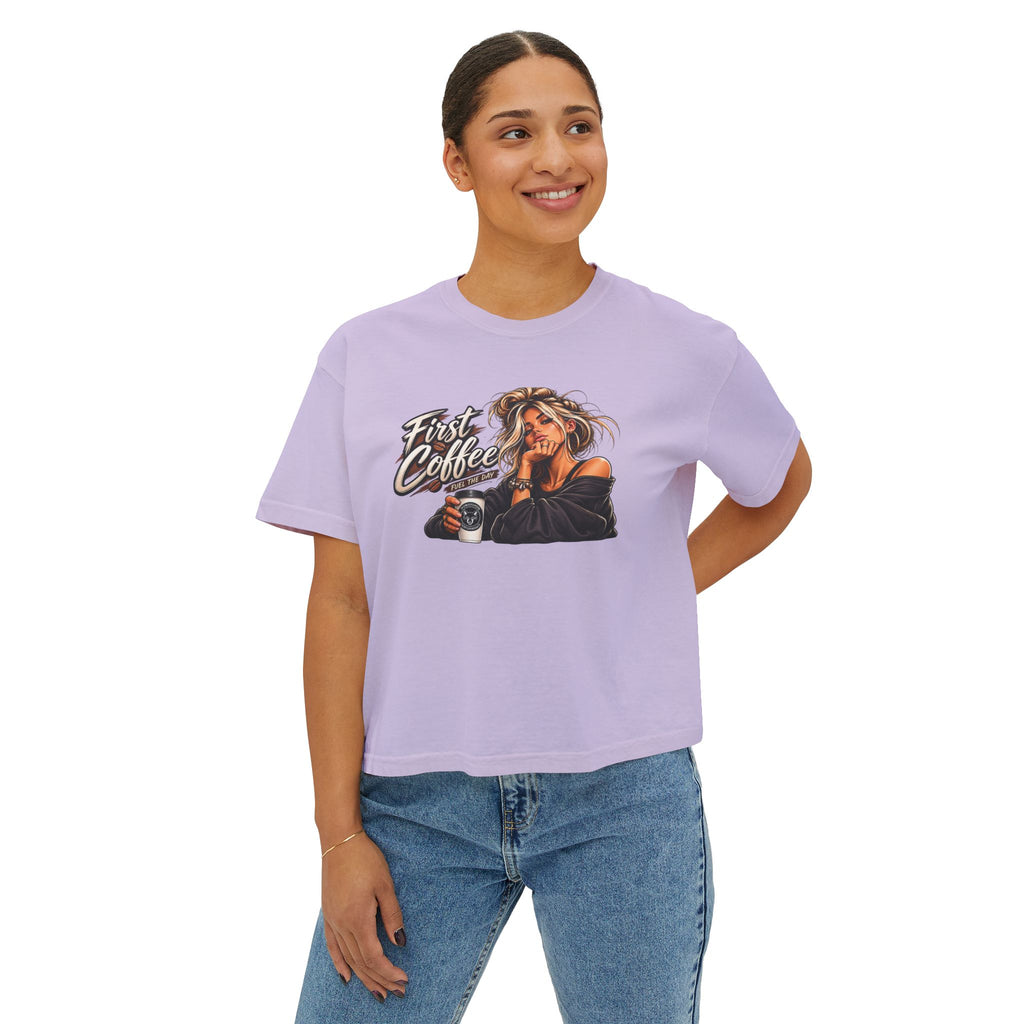Women's Boxy Tee - "First Coffee" Graphic Crop Tee for Coffee Lovers