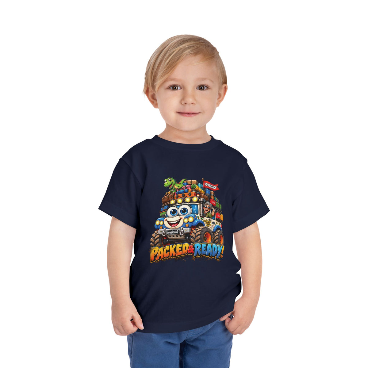 Toddler Tee — 'Packed & Ready' Cartoon Monster Truck Travel Shirt