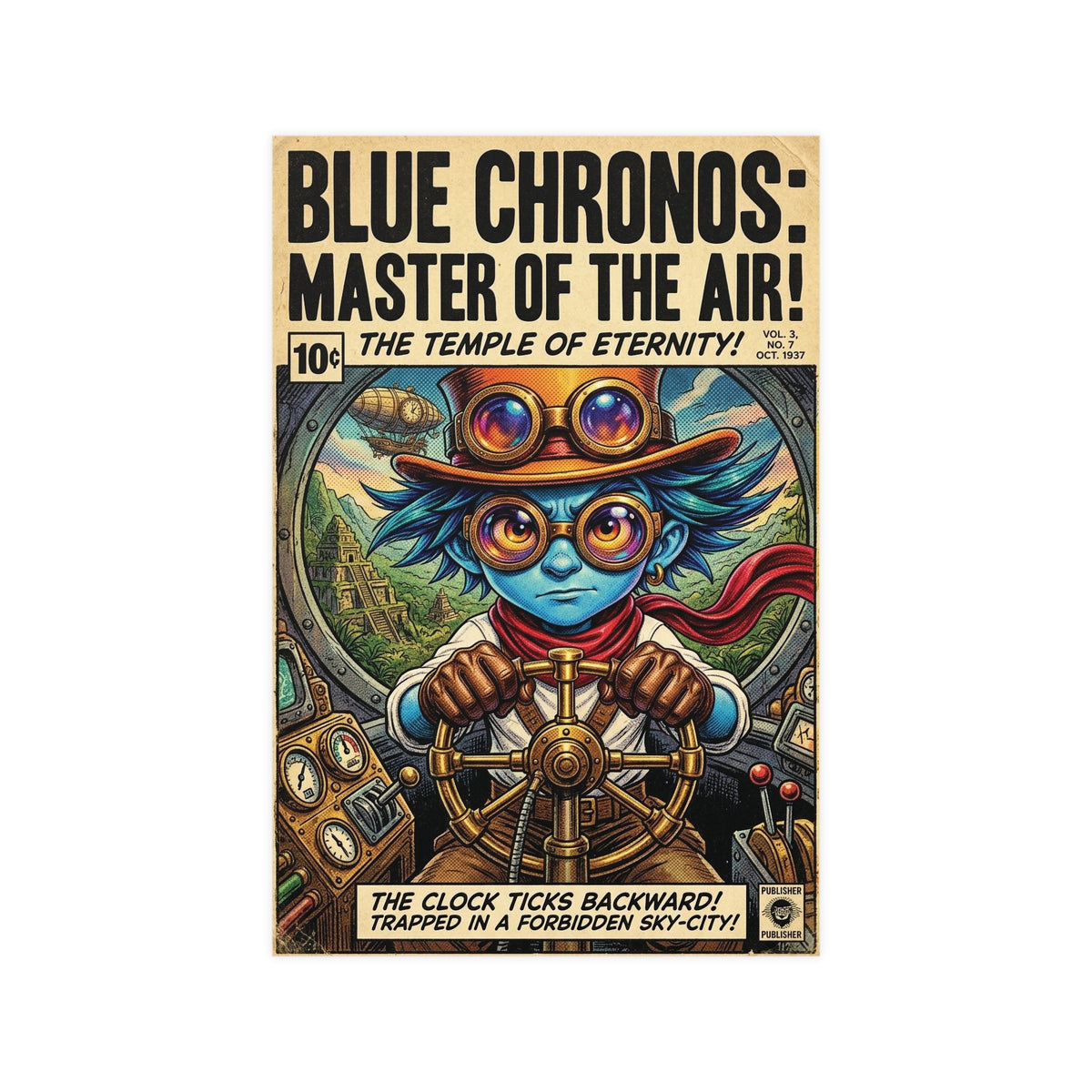 Blue Chronos Poster — Vintage Steampunk Comic Art Matte Print
