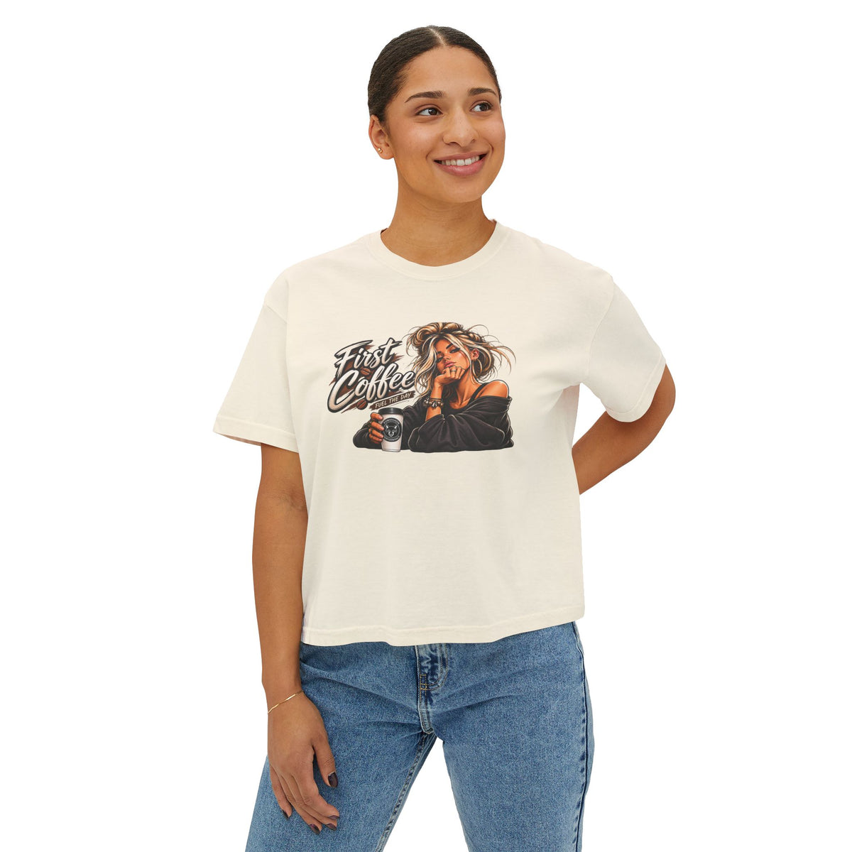 Women's Boxy Tee - "First Coffee" Graphic Crop Tee for Coffee Lovers