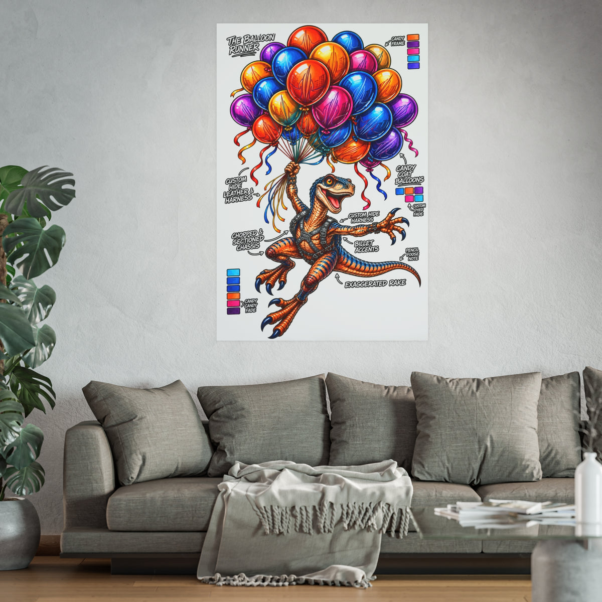 The Balloon Runner | Colorful Raptor & Balloon Graphic Art