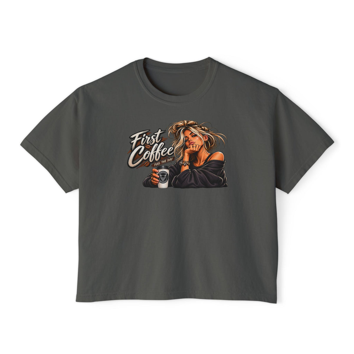 First Coffee Graphic Tee — Women's Boxy Tee