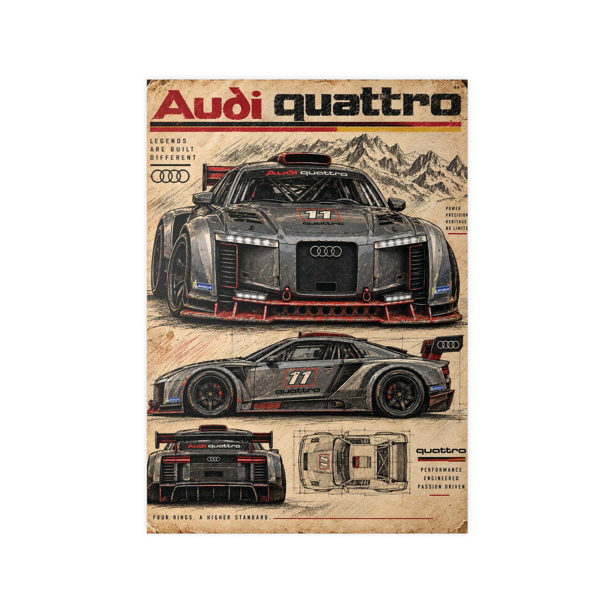 Audi Quattro Concept Racing Car Photopaper Poster | Retro Blueprint Automotive Print