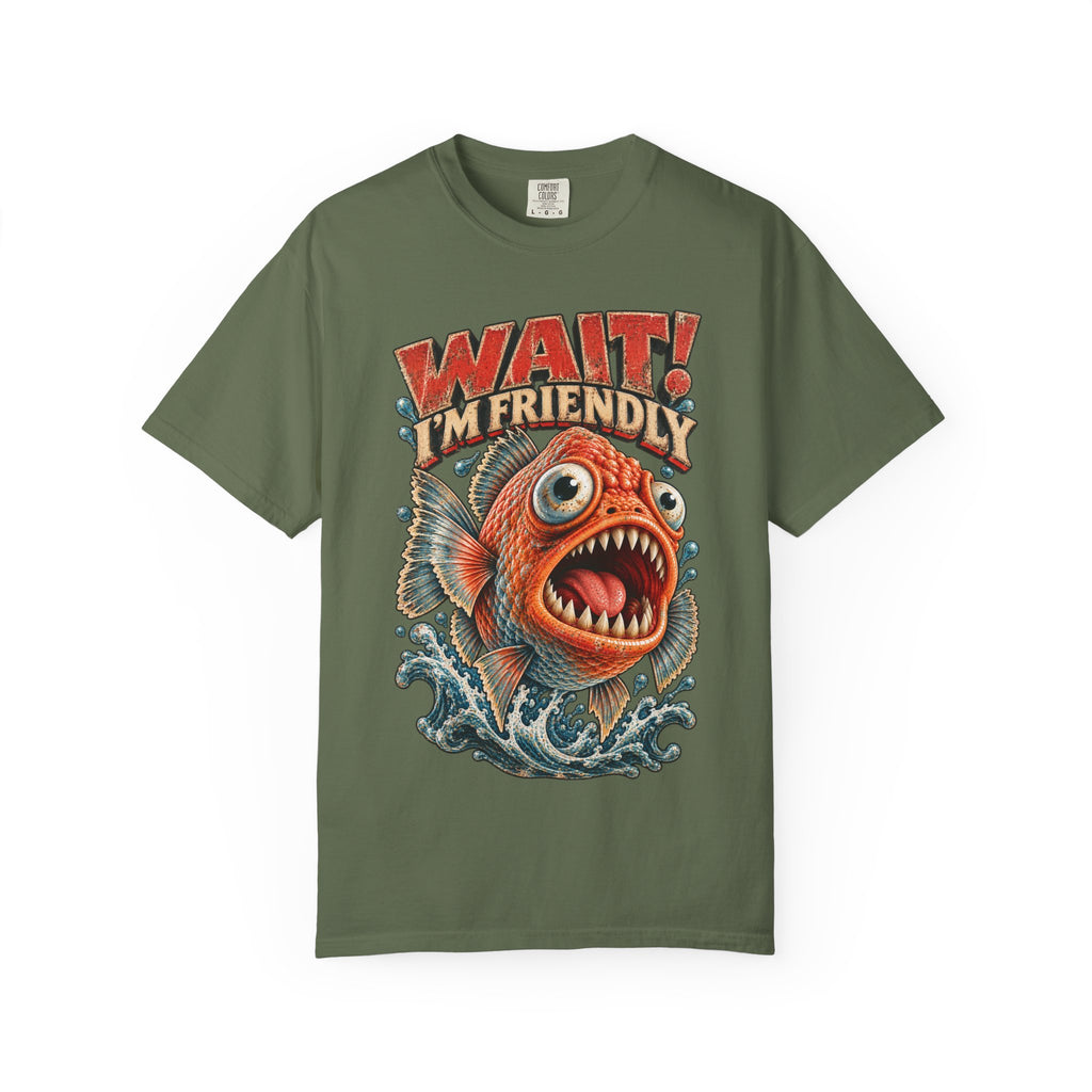 Wait I'm Friendly Fish Tee - Vintage Piranha Graphic T-Shirt
