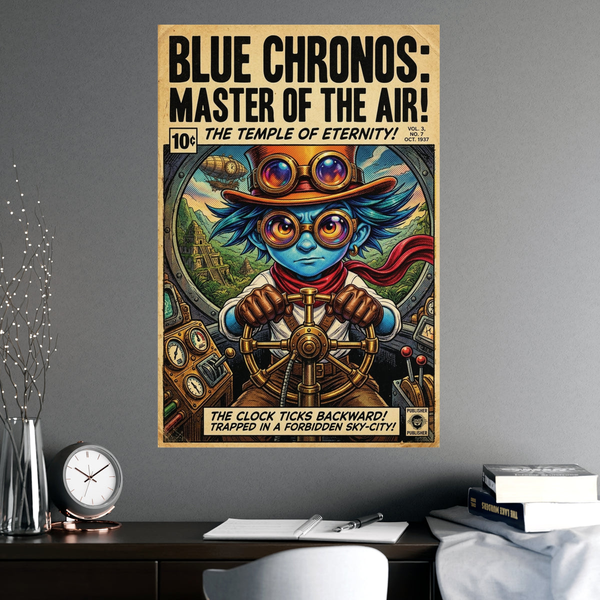 Blue Chronos Poster — Vintage Steampunk Comic Art Matte Print