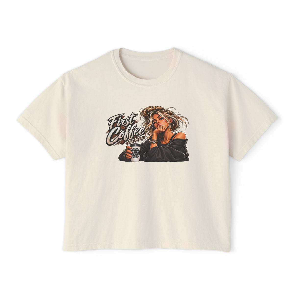 Women's Boxy Tee - "First Coffee" Graphic Crop Tee for Coffee Lovers