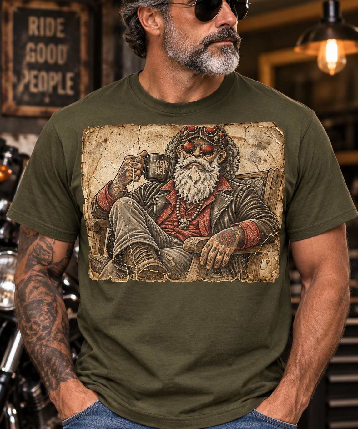 Legend Fuel Vintage Biker Art – Rugged Bearded Motorcycle Rebel Retro Distressed Wall Art
