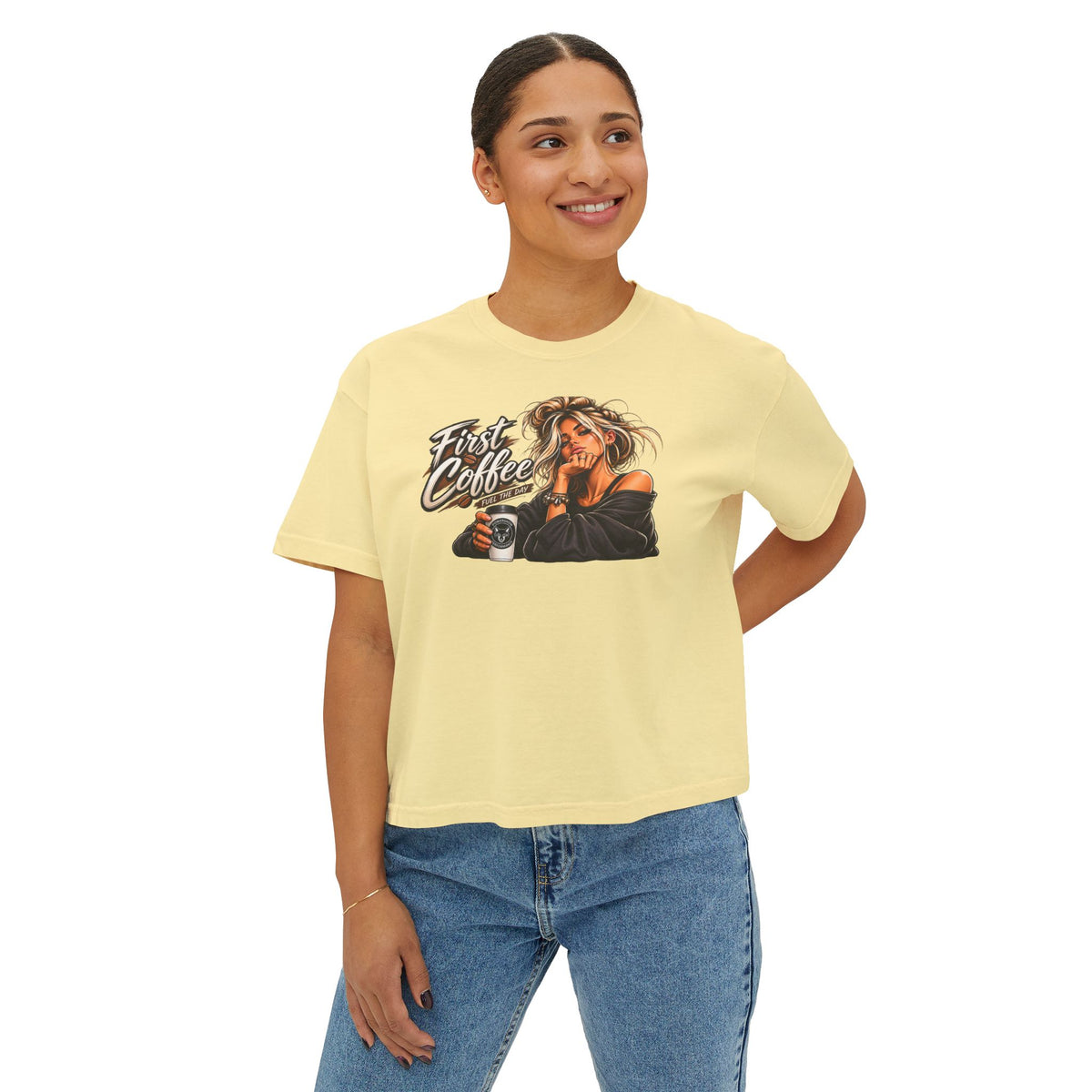 First Coffee Graphic Tee — Women's Boxy Tee