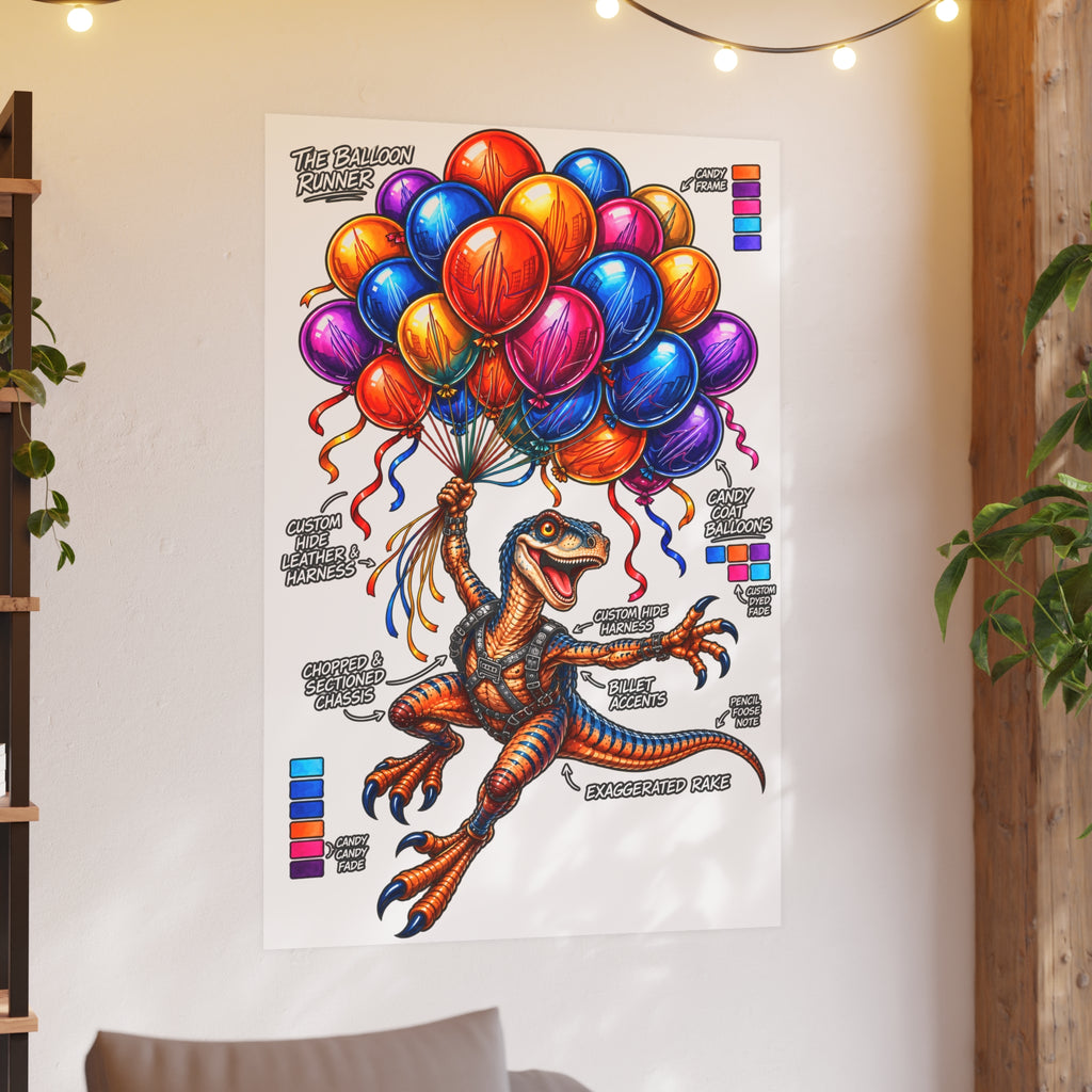The Balloon Runner | Colorful Raptor & Balloon Graphic Art