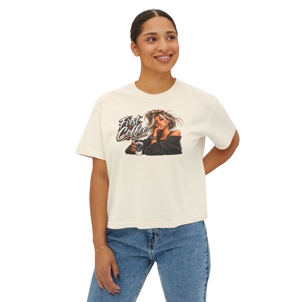 First Coffee Graphic Tee — Women's Boxy Tee