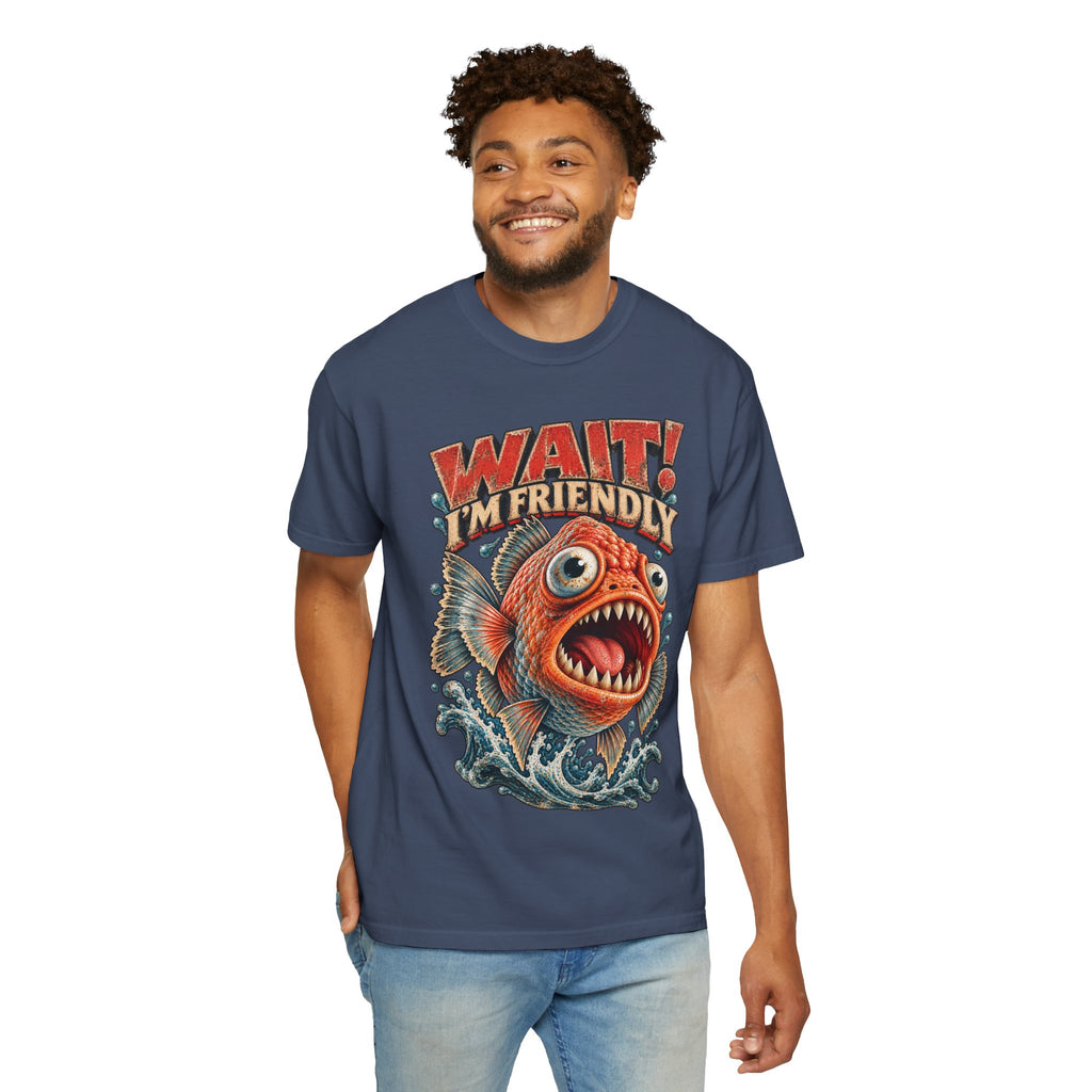 Wait I'm Friendly Fish Tee - Vintage Piranha Graphic T-Shirt