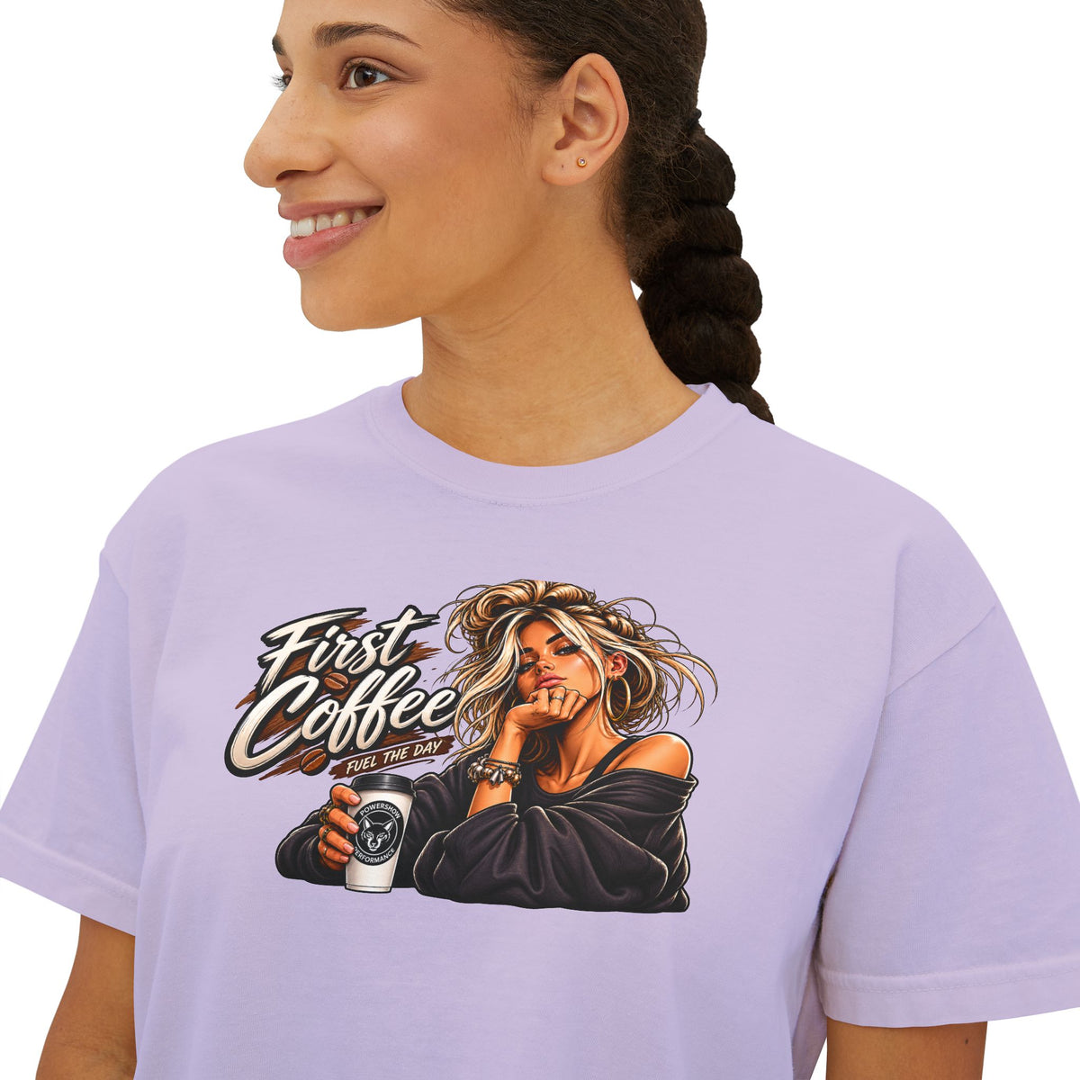 First Coffee Graphic Tee — Women's Boxy Tee