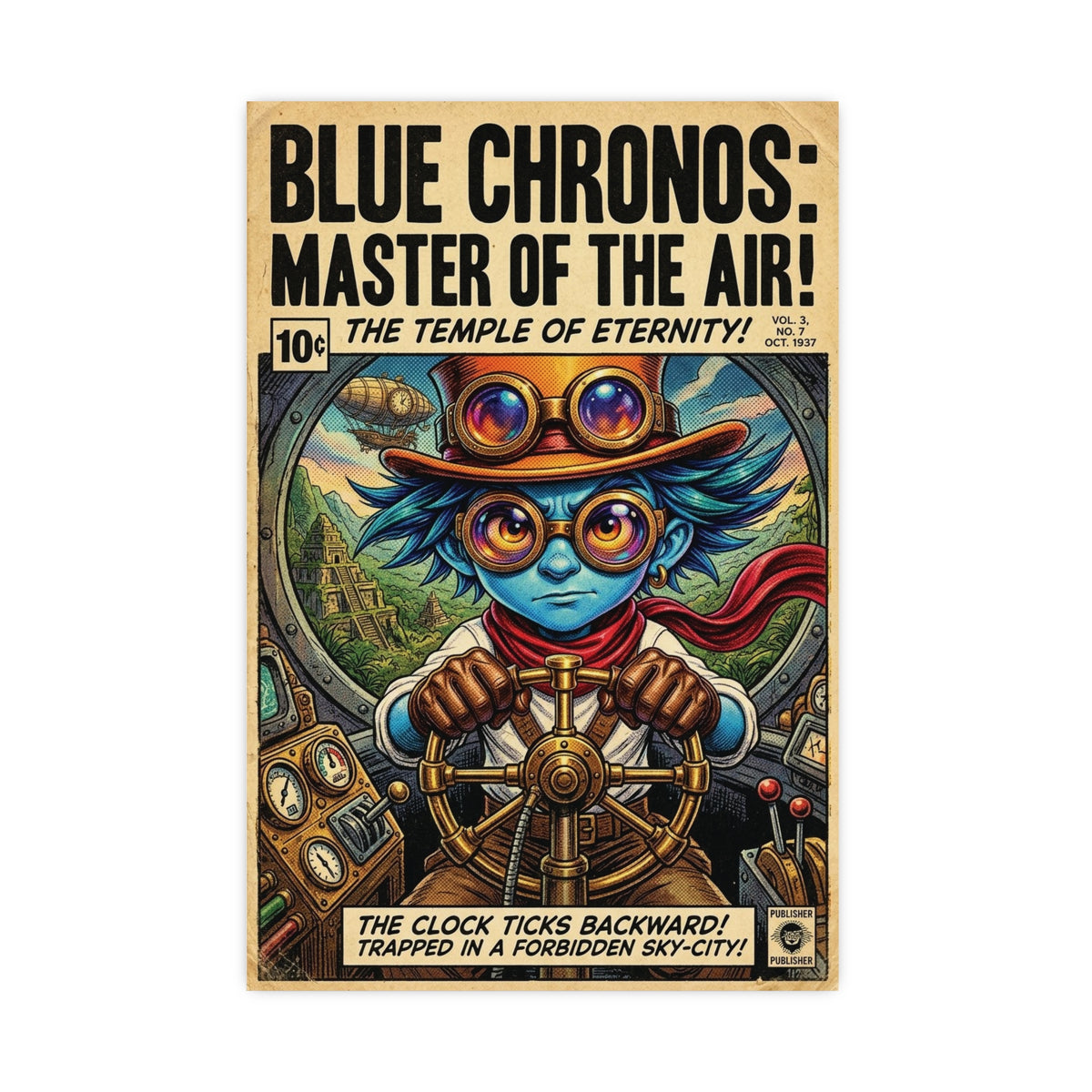 Blue Chronos Poster — Vintage Steampunk Comic Art Matte Print
