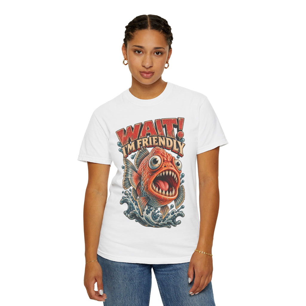 Wait I'm Friendly Fish Tee - Vintage Piranha Graphic T-Shirt