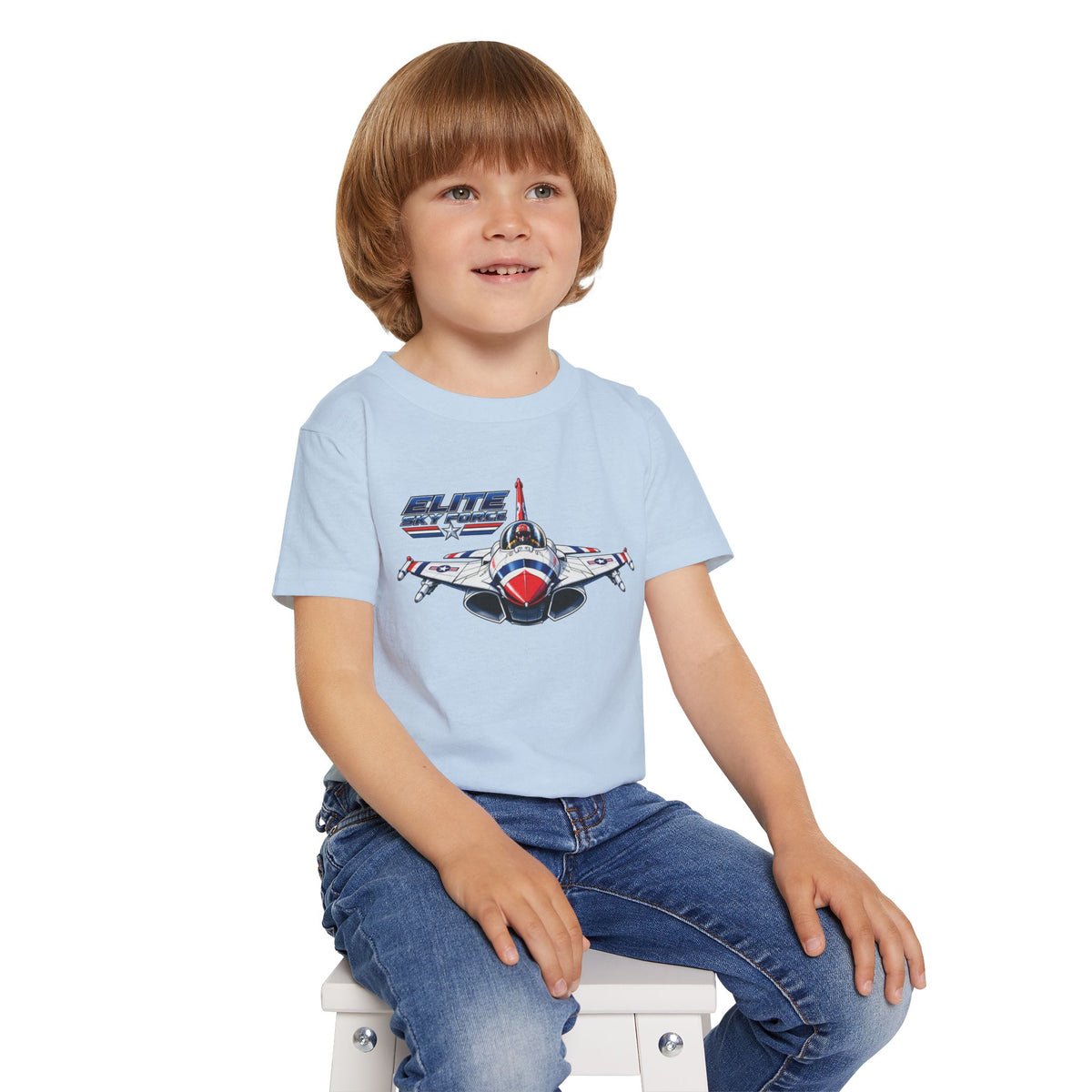 Toddler T‑Shirt — Vintage Jet Fighter Graphic (Patriotic Red, White & Blue)