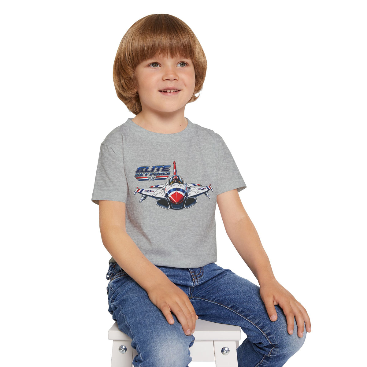 Toddler T‑Shirt — Vintage Jet Fighter Graphic (Patriotic Red, White & Blue)