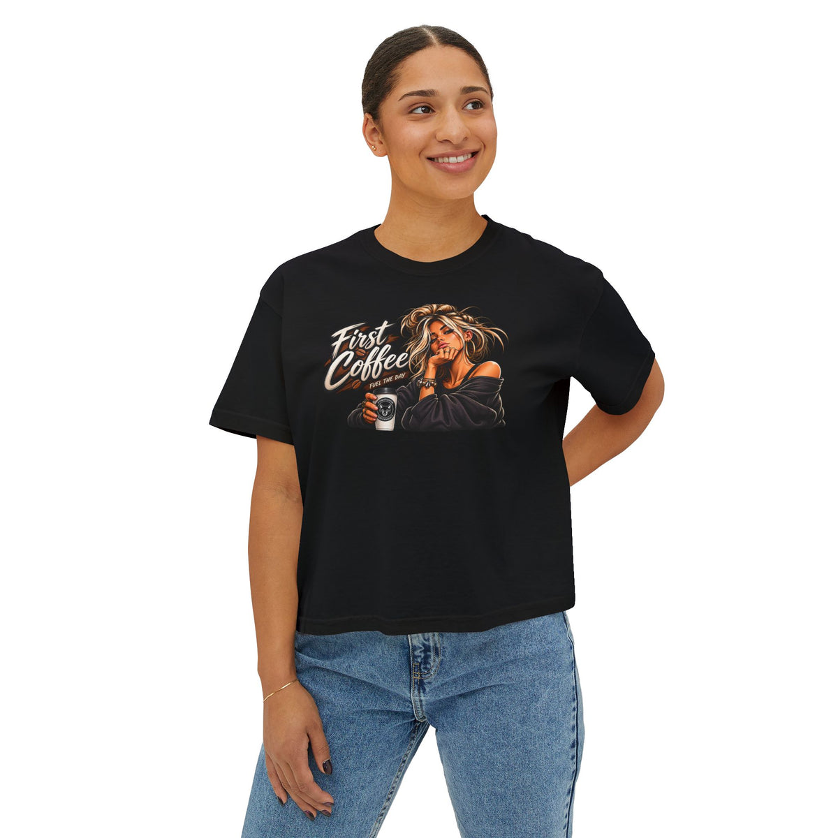First Coffee Graphic Tee — Women's Boxy Tee