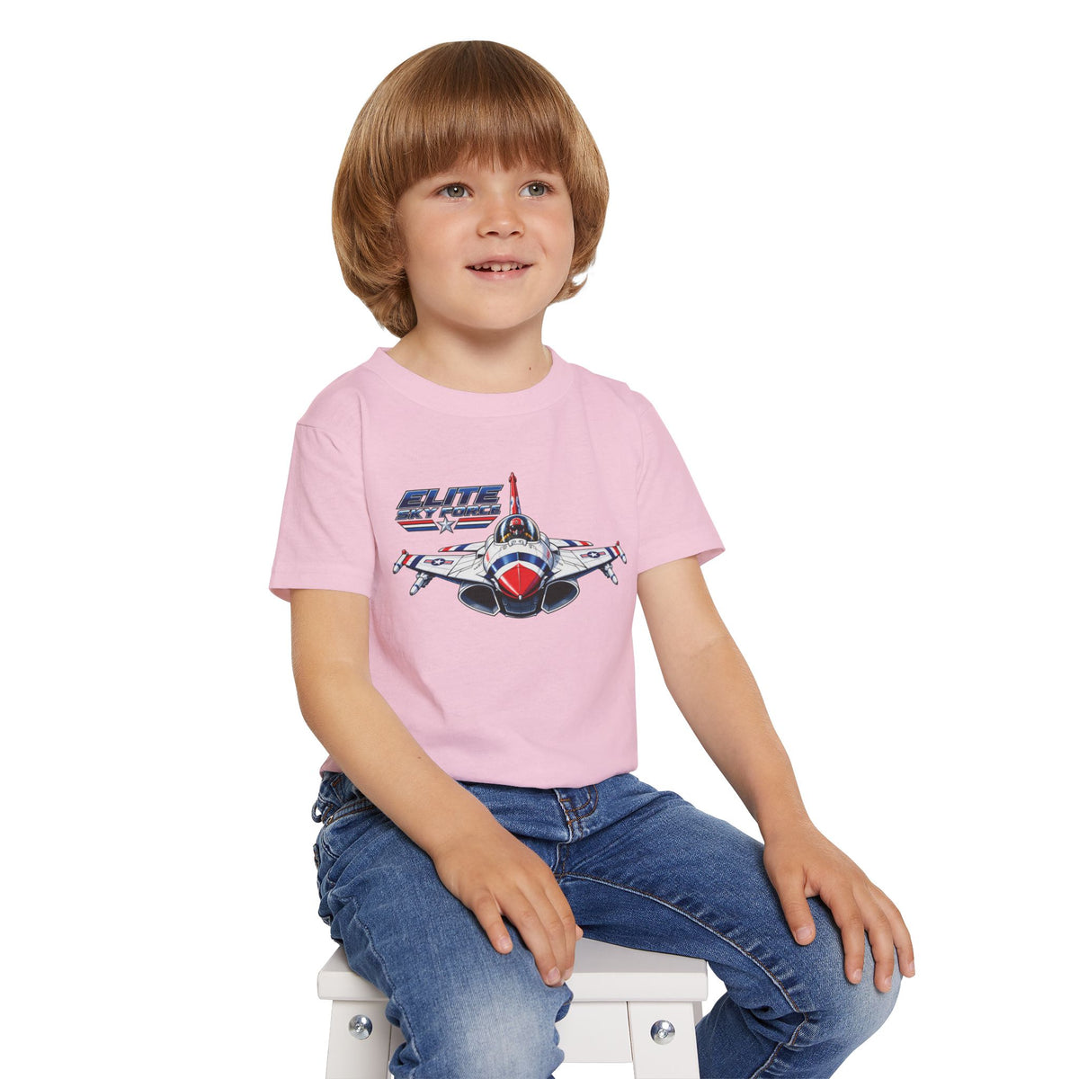 Toddler T‑Shirt — Vintage Jet Fighter Graphic (Patriotic Red, White & Blue)
