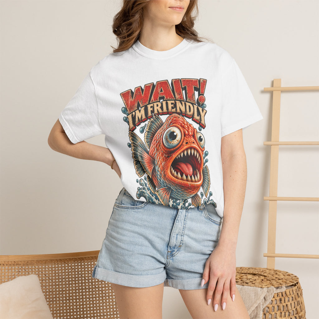 Wait I'm Friendly Fish Tee - Vintage Piranha Graphic T-Shirt