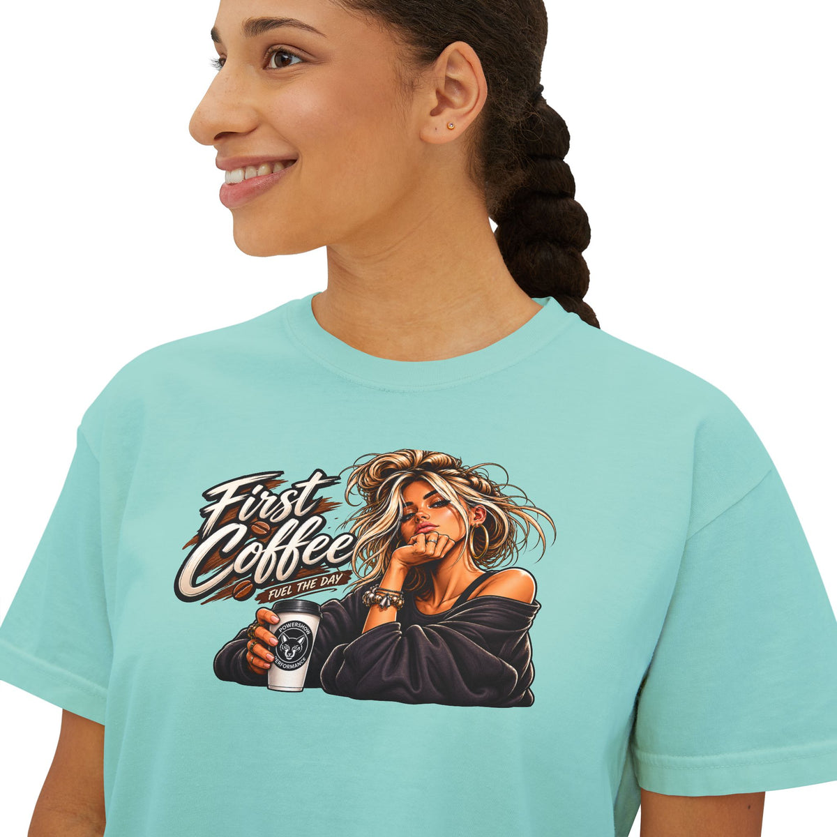 First Coffee Graphic Tee — Women's Boxy Tee