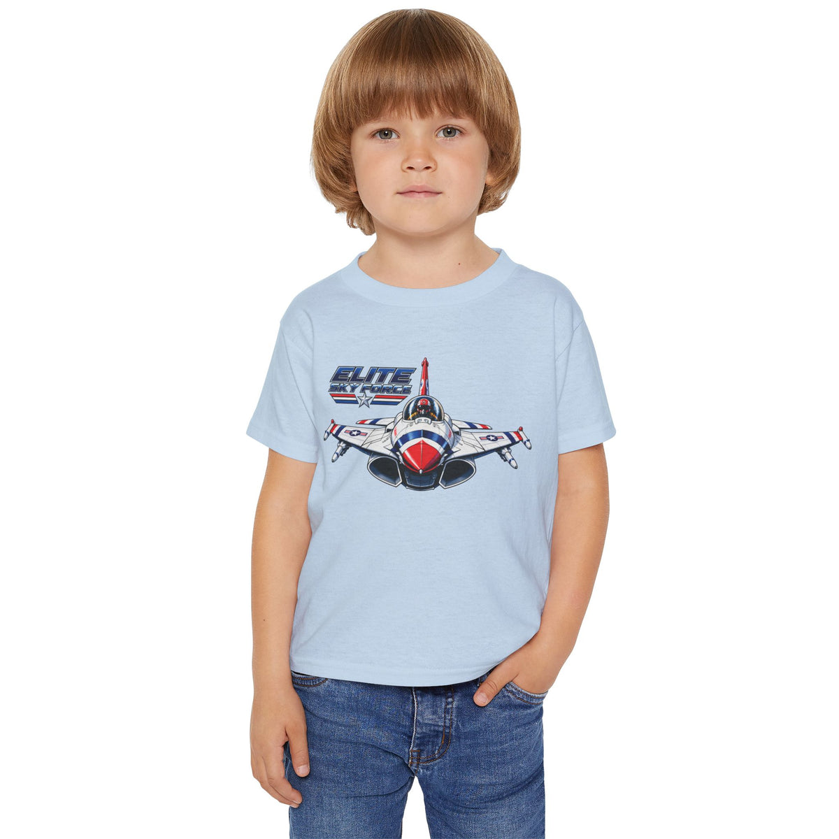 Toddler T‑Shirt — Vintage Jet Fighter Graphic (Patriotic Red, White & Blue)