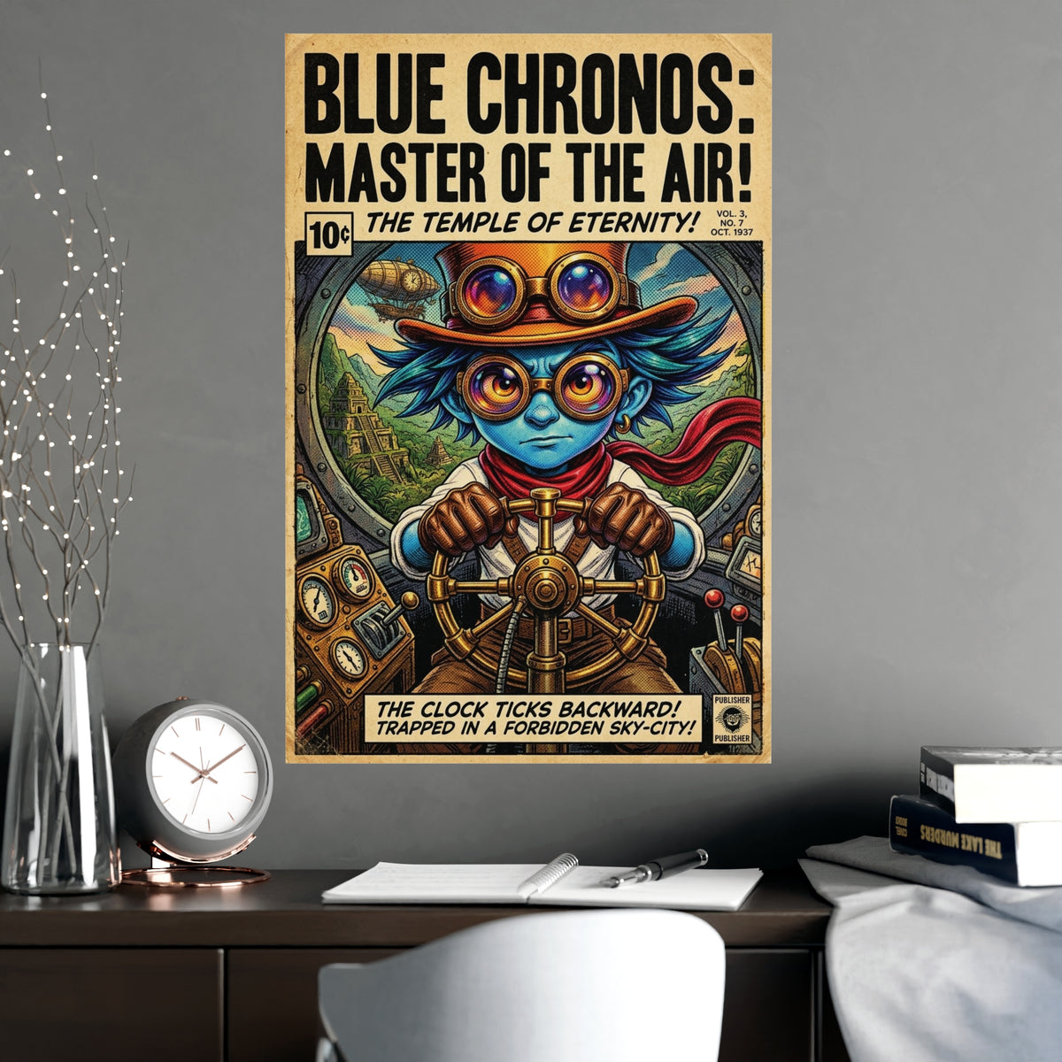 Blue Chronos Poster — Vintage Steampunk Comic Art Matte Print