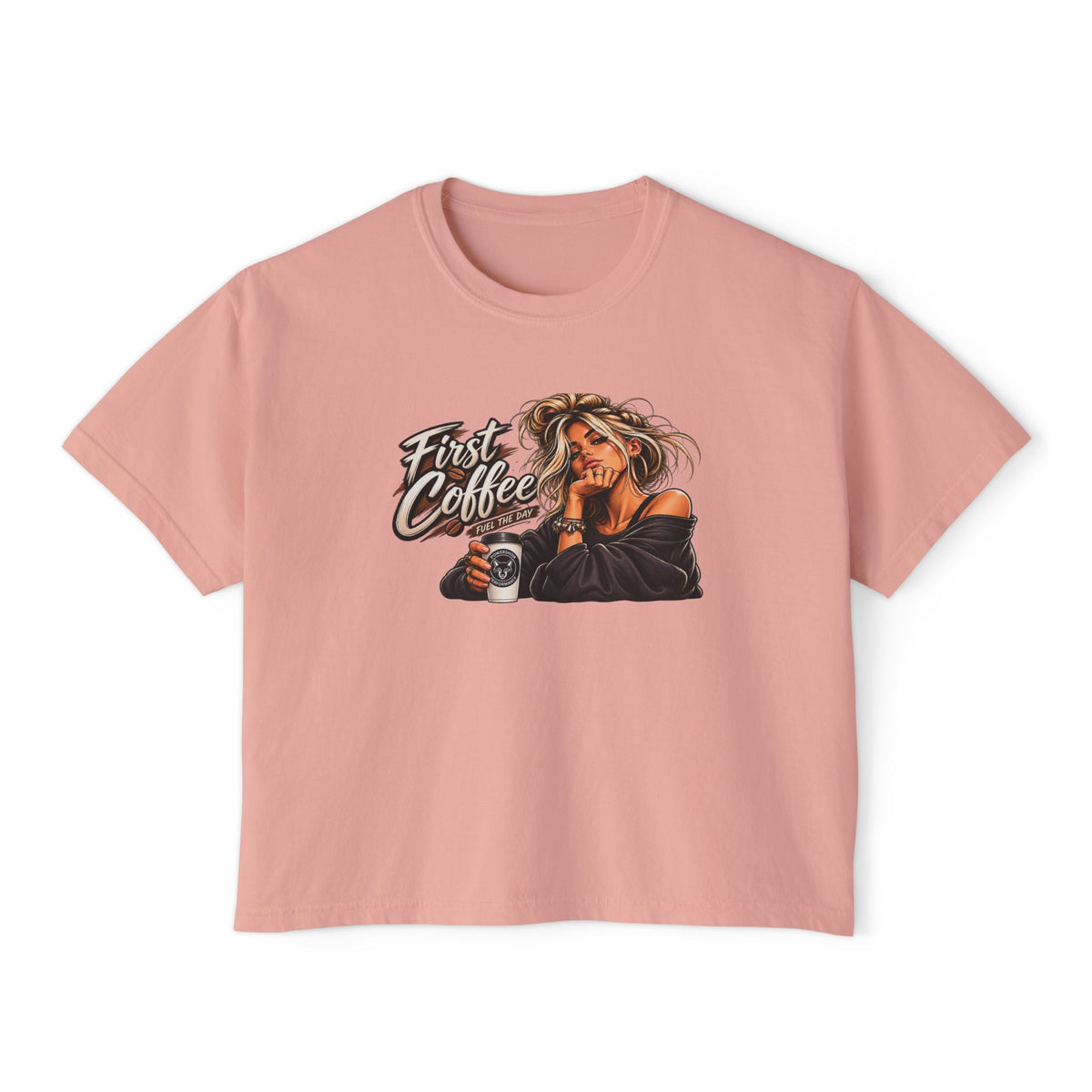Women's Boxy Tee - "First Coffee" Graphic Crop Tee for Coffee Lovers